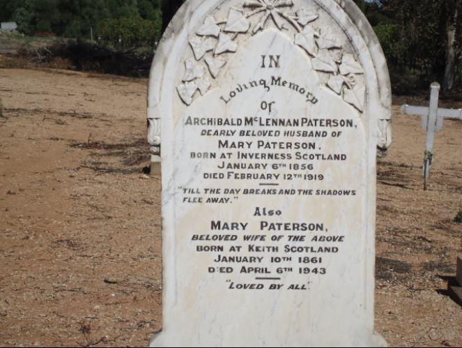 Photo of headstones/Archibald McLennan Paterson 1856-1919 hdstn Renmark cem SAust
